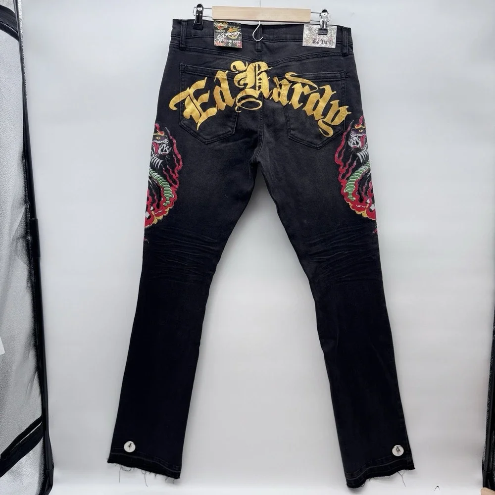 Ed Hardy Men's Bootcut Black Denim Jeans Embroidered Dragon Logo 5-Pocket sz 32